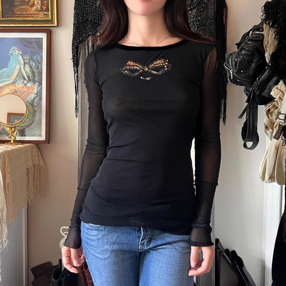 D. Exterior Black Mesh Long Sleeve Sequin Bow Top Made in Italy Y2K XL